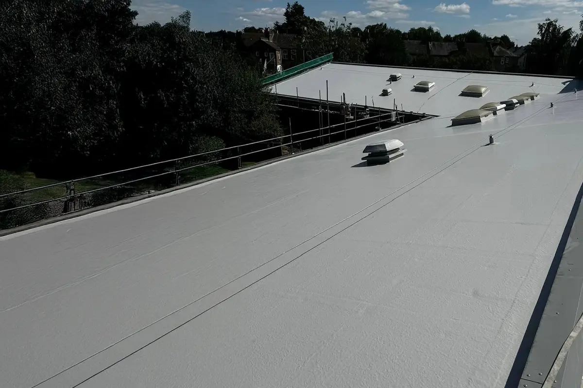 Seamless grey Polyroof liquid flat roof membrane on commercial London building