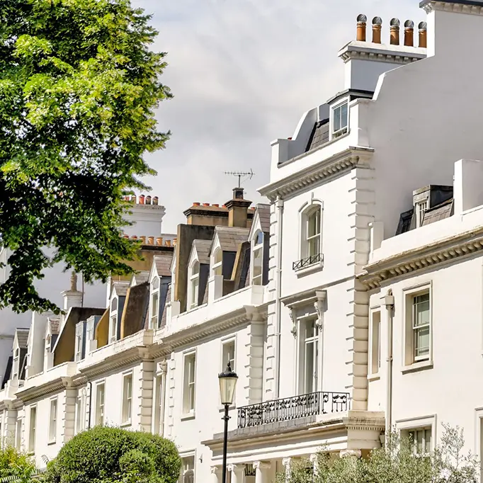 Red-brick mansion block rooftops in Knightsbridge, Belgravia and Chelsea