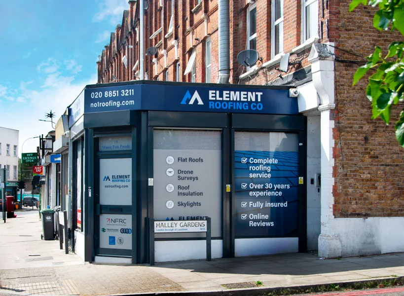 Element Roofing Co physical office shopfront at 19 Manor Park Parade, Lee High Road, Lewisham SE13 5PB showing no1roofing.com and 020 8851 3211